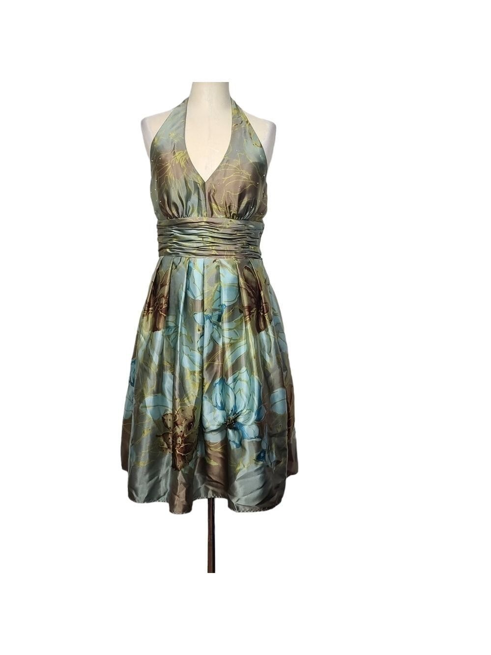 Jessica Howard Brown Blue Floral Beaded Halter Dress 6P